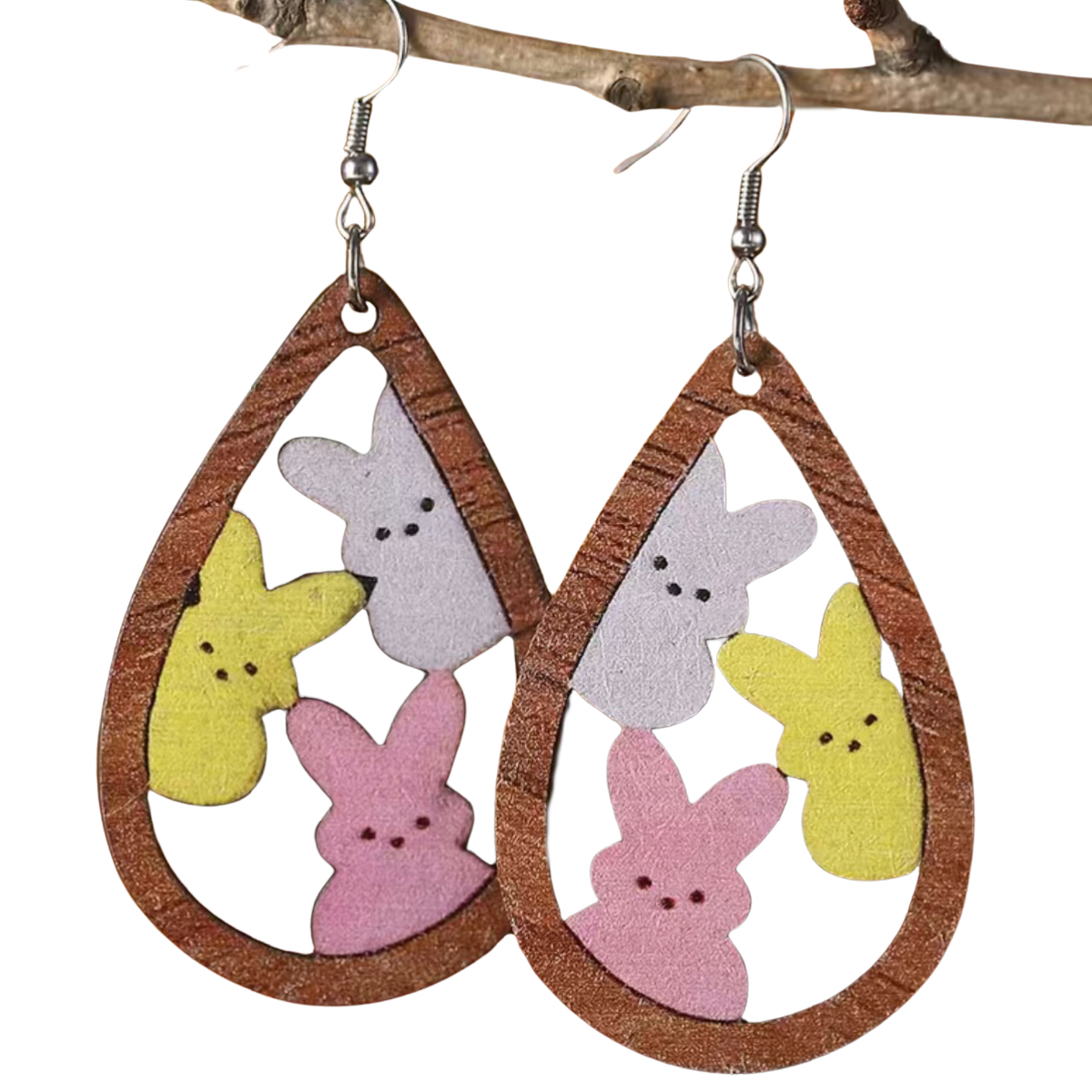 Easter Bunny Earrings Wooden Teardrop Lightweight Wire Hook Spring Dangle New