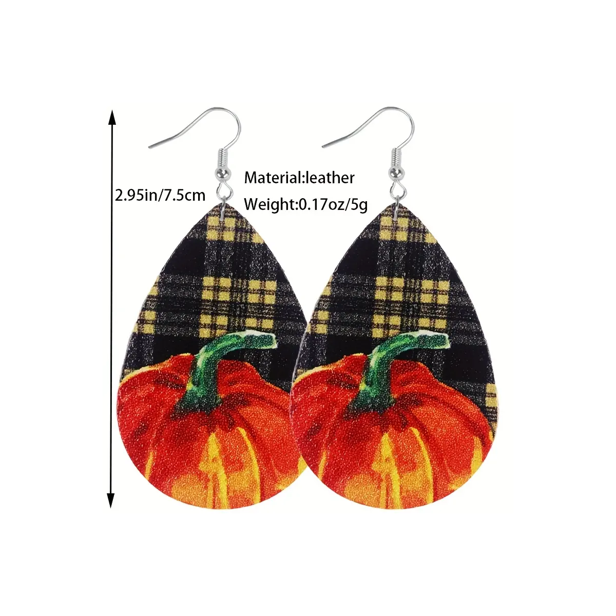 Autumn Pumpkin Earrings Plaid Gingham Fall Colors Faux Leather Dangle NEW