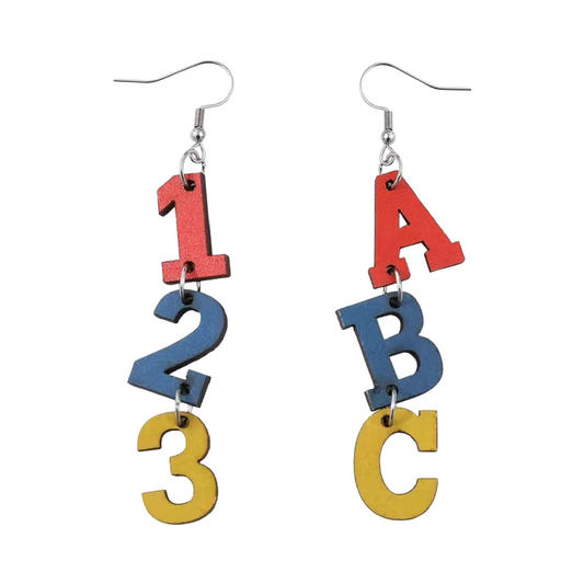 Teachers School Season Colorful Letters & Numbers Wooden Earrings Elementary New