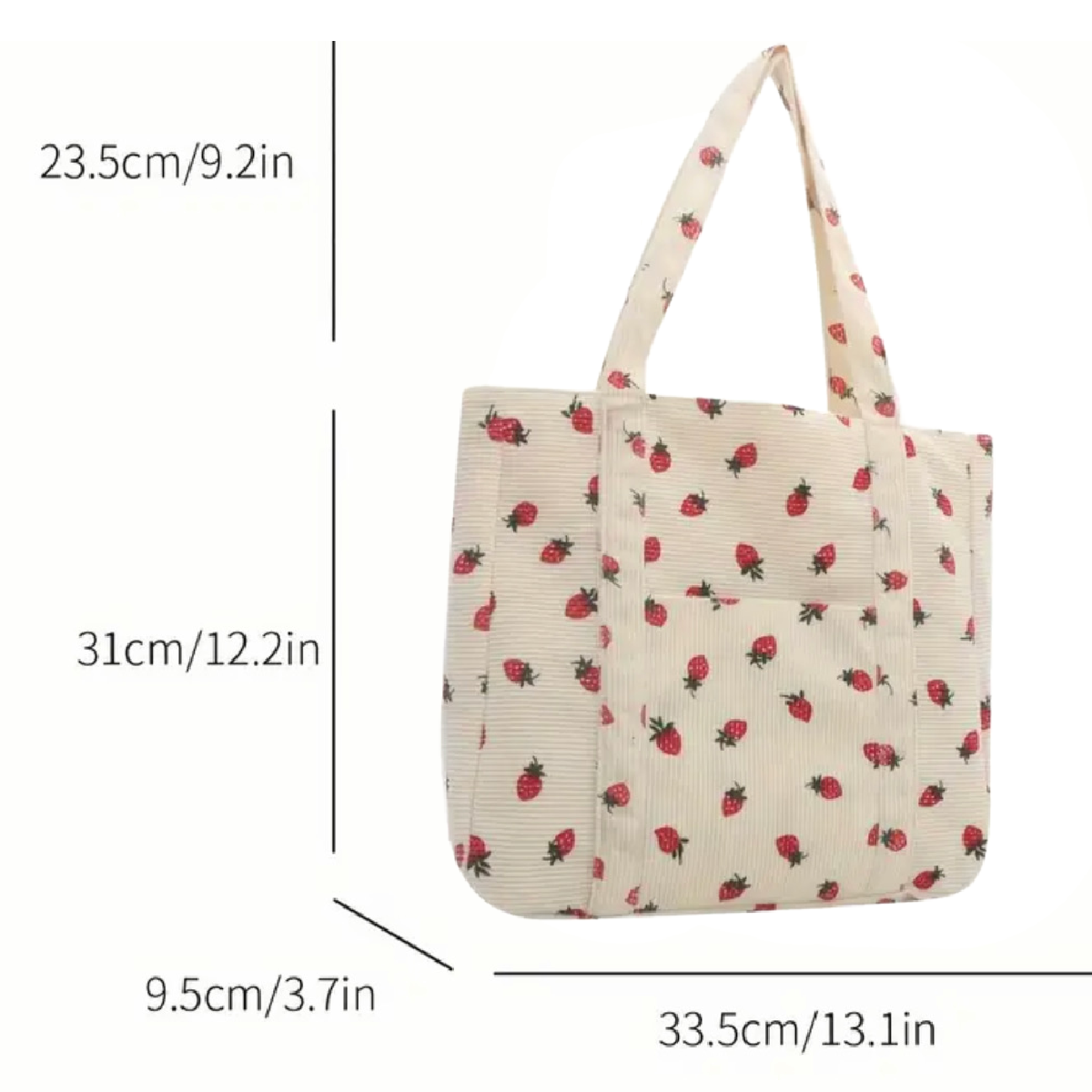 Corduroy Tote Bag Strawberry Pattern Large 13"x12" Shoulder Bag Purse New
