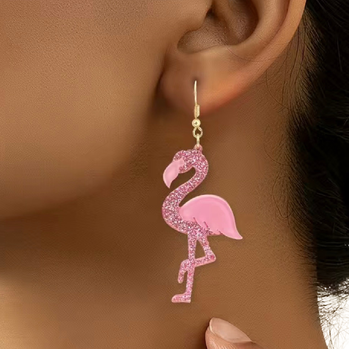 Glitter Pink Flamingo Bird Layered Acrylic Drop Dangle 3.15" Earrings New