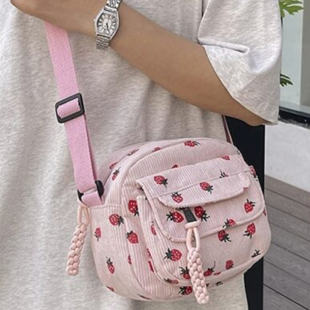 Small Corduroy Strawberry Print Shoulder Hand Bag Purse Crossbody New