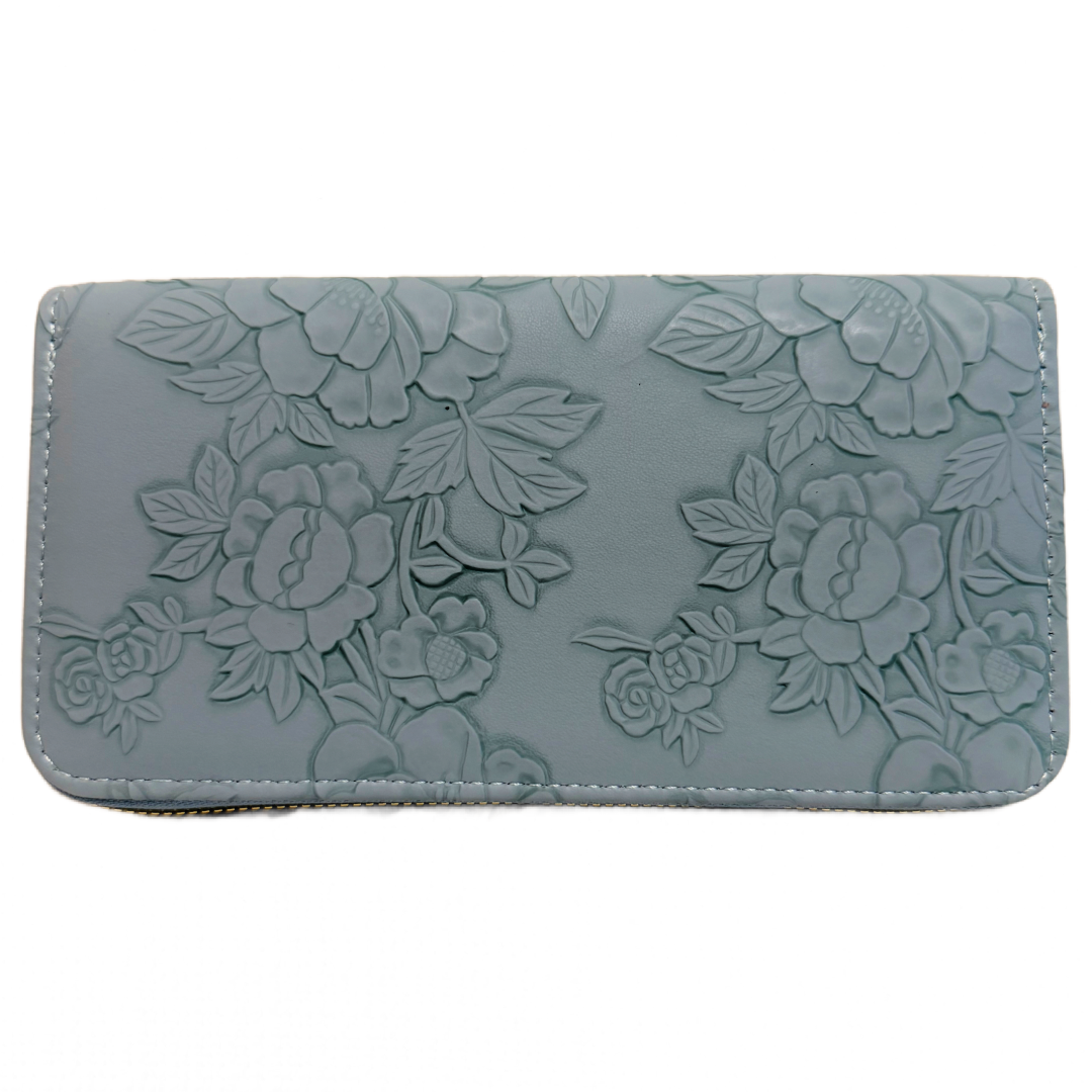 Slate Blue 7.5" Faux Leather Embossed Floral Wallet Wrist Strap Zipper New