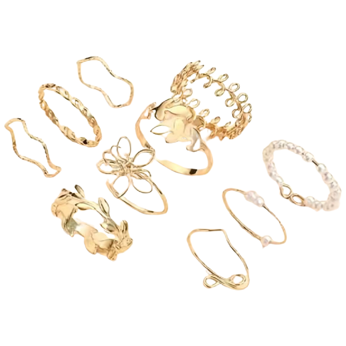 10pc Ring Set Dainty Fancy Leaf Goldtone Faux Pearl Stackable Knuckle Size 5-7