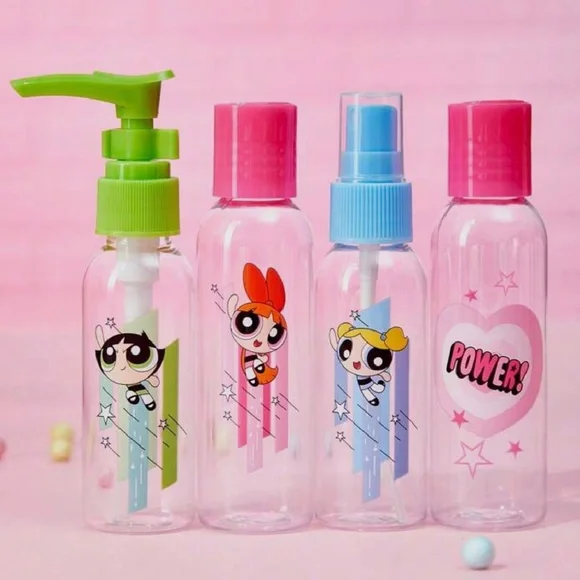 Powerpuff Girls 7pc Lot Travel Set Spray Squirt Bottles, Lidded Containers, Bag