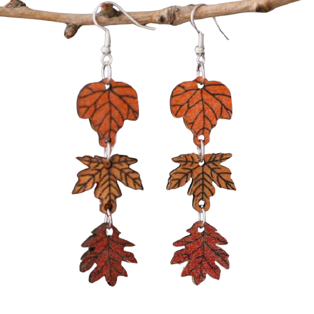 Wooden Dangle Earrings Maple Fall 3 Bead Leaf Autumn Colors NEW