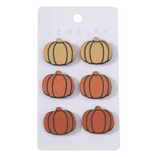 Set of 3 Pumpkin Post Earrings Wood Casual Studs Autumn Colors NEW