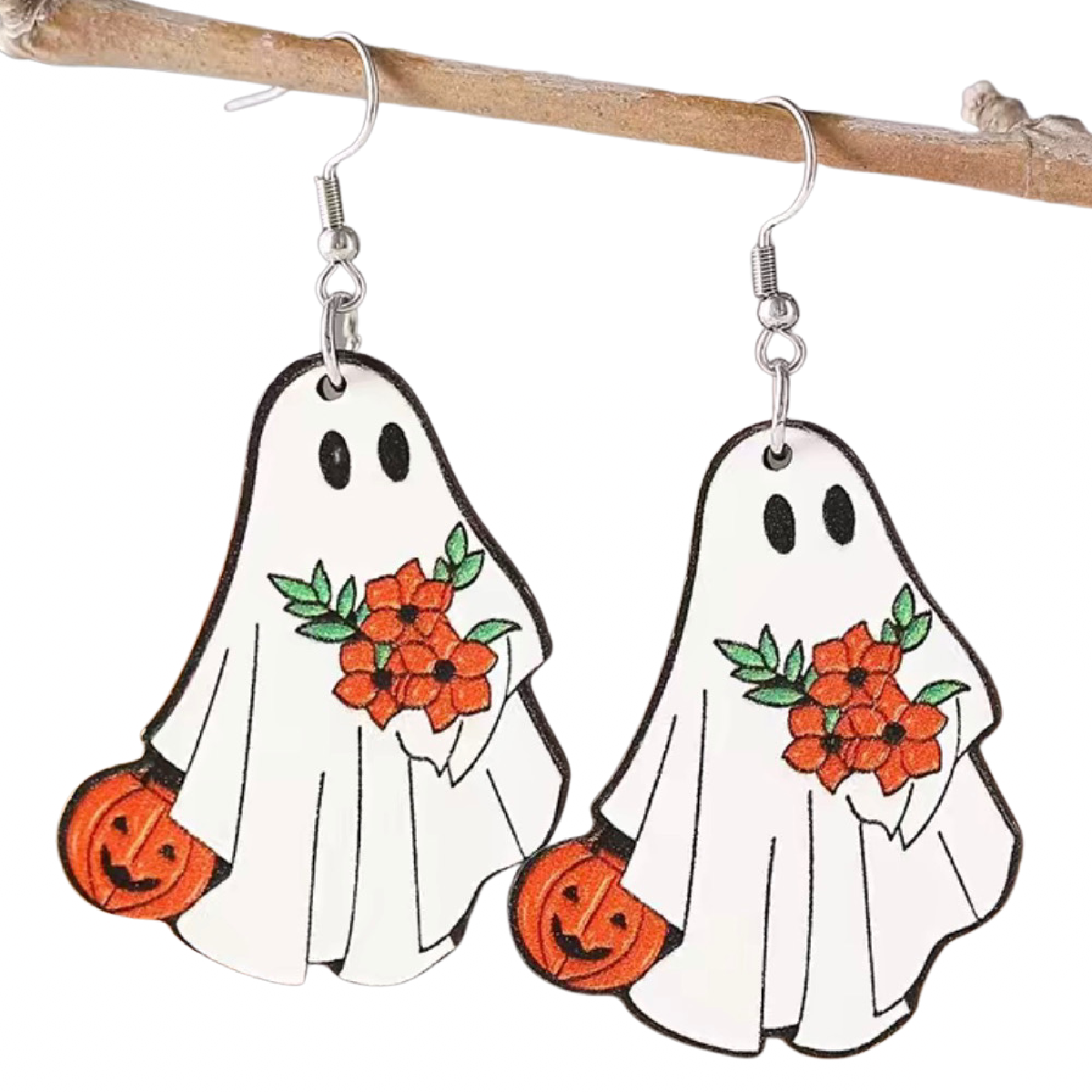 White Ghost Pumpkin Pattern Dangle Earrings Retro Wooden Halloween Jewelry NEW