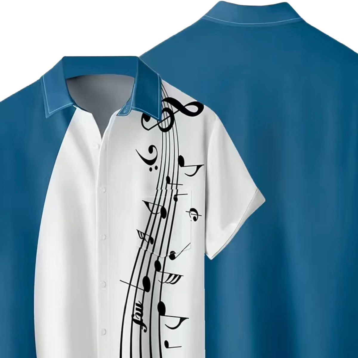 Music Notes Collared Bowling Shirt Men's Size M Buttons Short Sleeve Pocket NEW