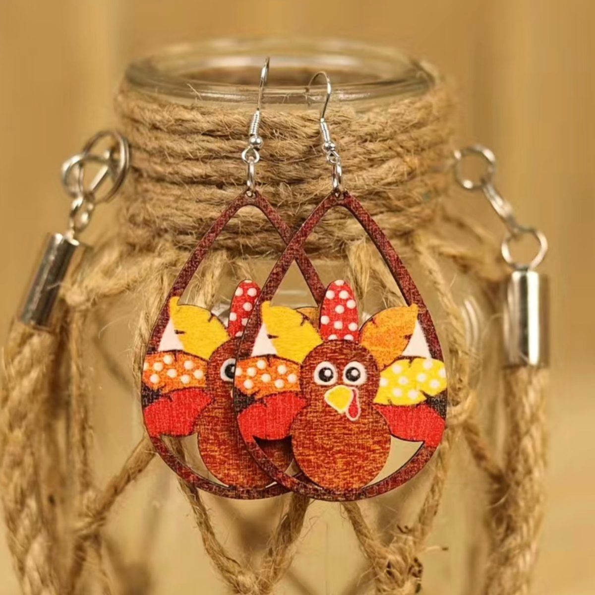 Thanksgiving Turkey Earrings Pilgrim Football Cartoon Autumn Fall Wooden NEW