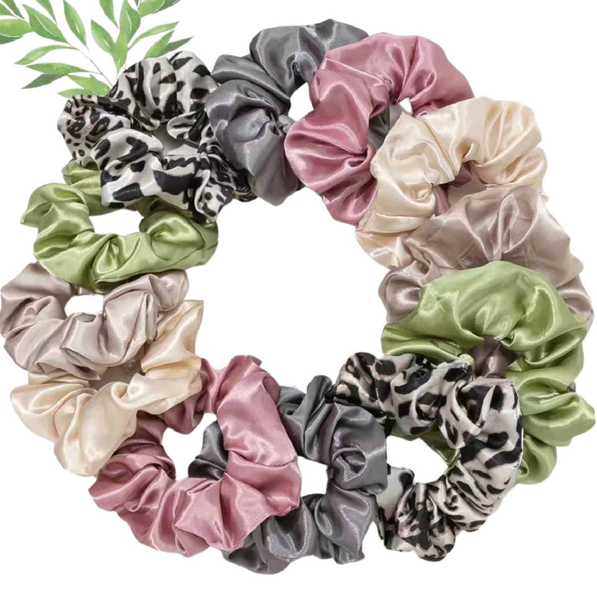 12pc Large Satin Hair Scrunchies Elegant Comfortable Lot Pink Green Tan Ties NEW