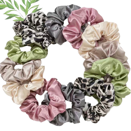 12pc Large Satin Hair Scrunchies Elegant Comfortable Lot Pink Green Tan Ties NEW