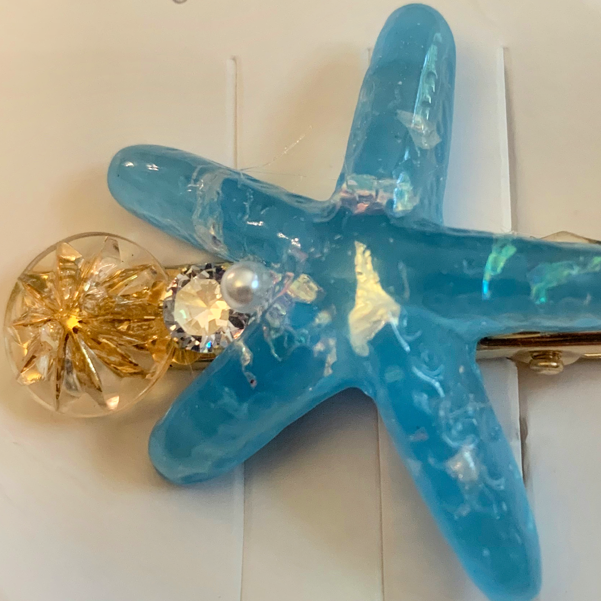 Blue Starfish Hair Barrette Clip Gold Sand Dollar Ocean Shell Accessory NEW