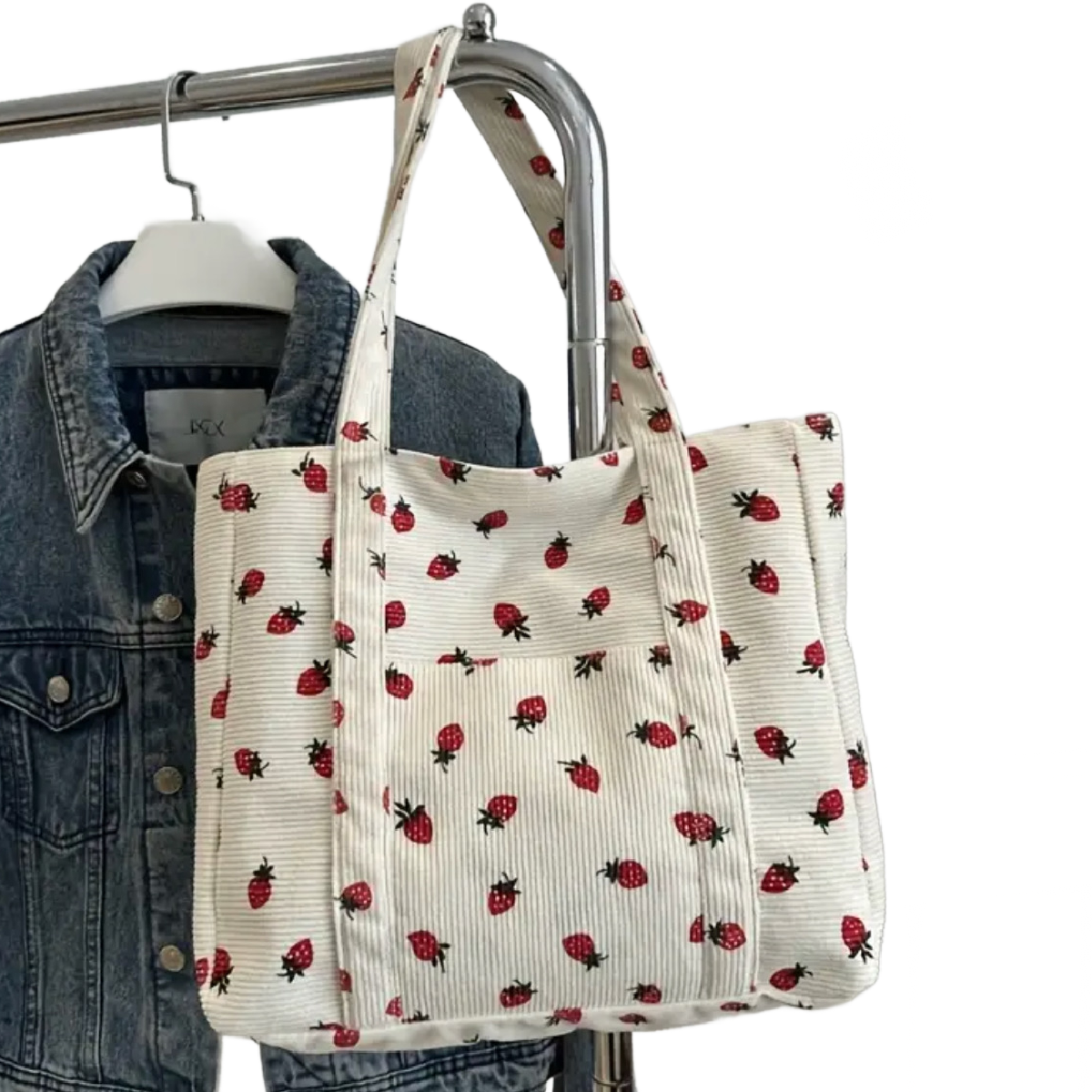 Corduroy Tote Bag Strawberry Pattern Large 13"x12" Shoulder Bag Purse New