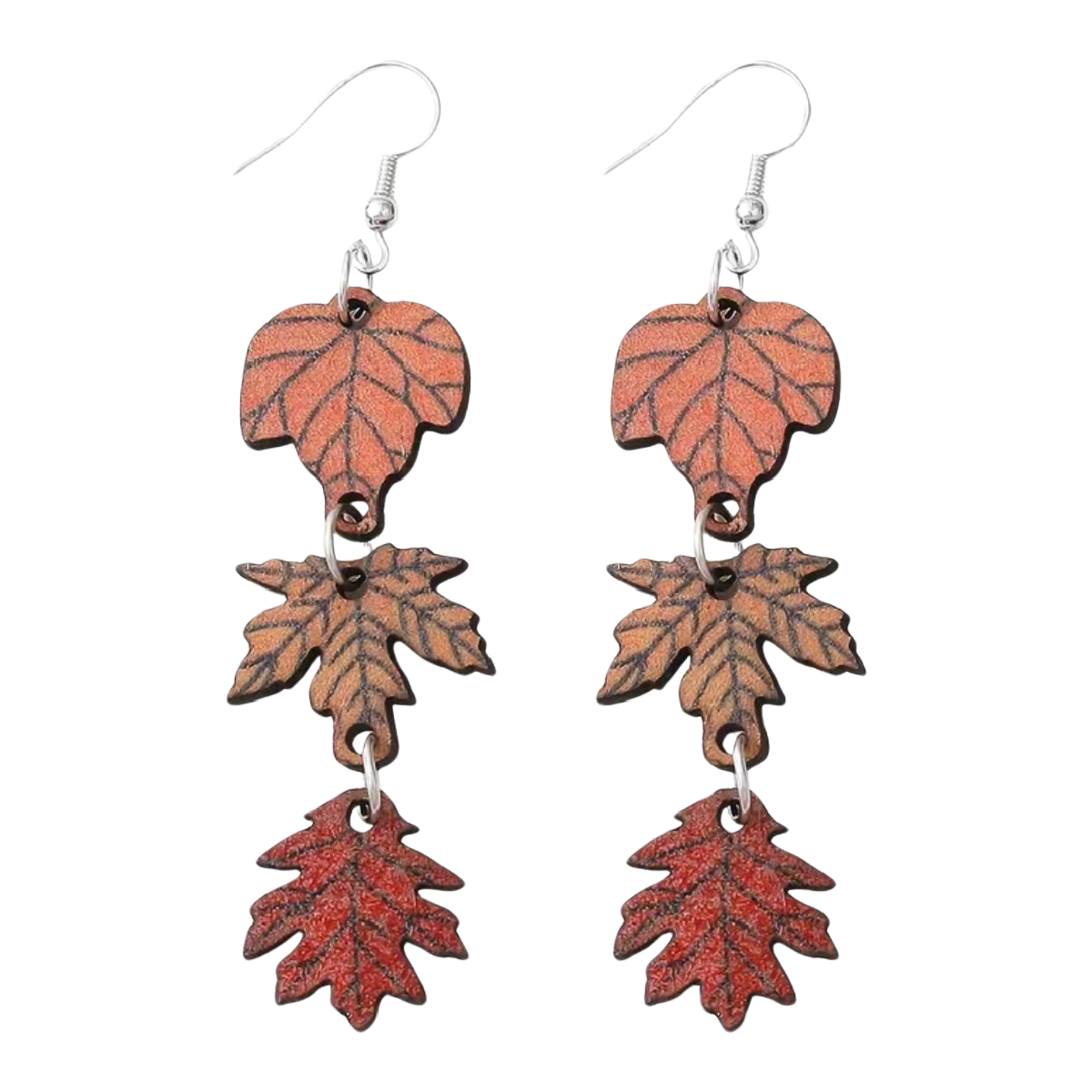 Wooden Dangle Earrings Maple Fall 3 Bead Leaf Autumn Colors NEW