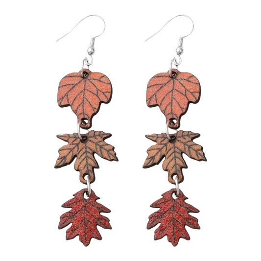 Wooden Dangle Earrings Maple Fall 3 Bead Leaf Autumn Colors NEW