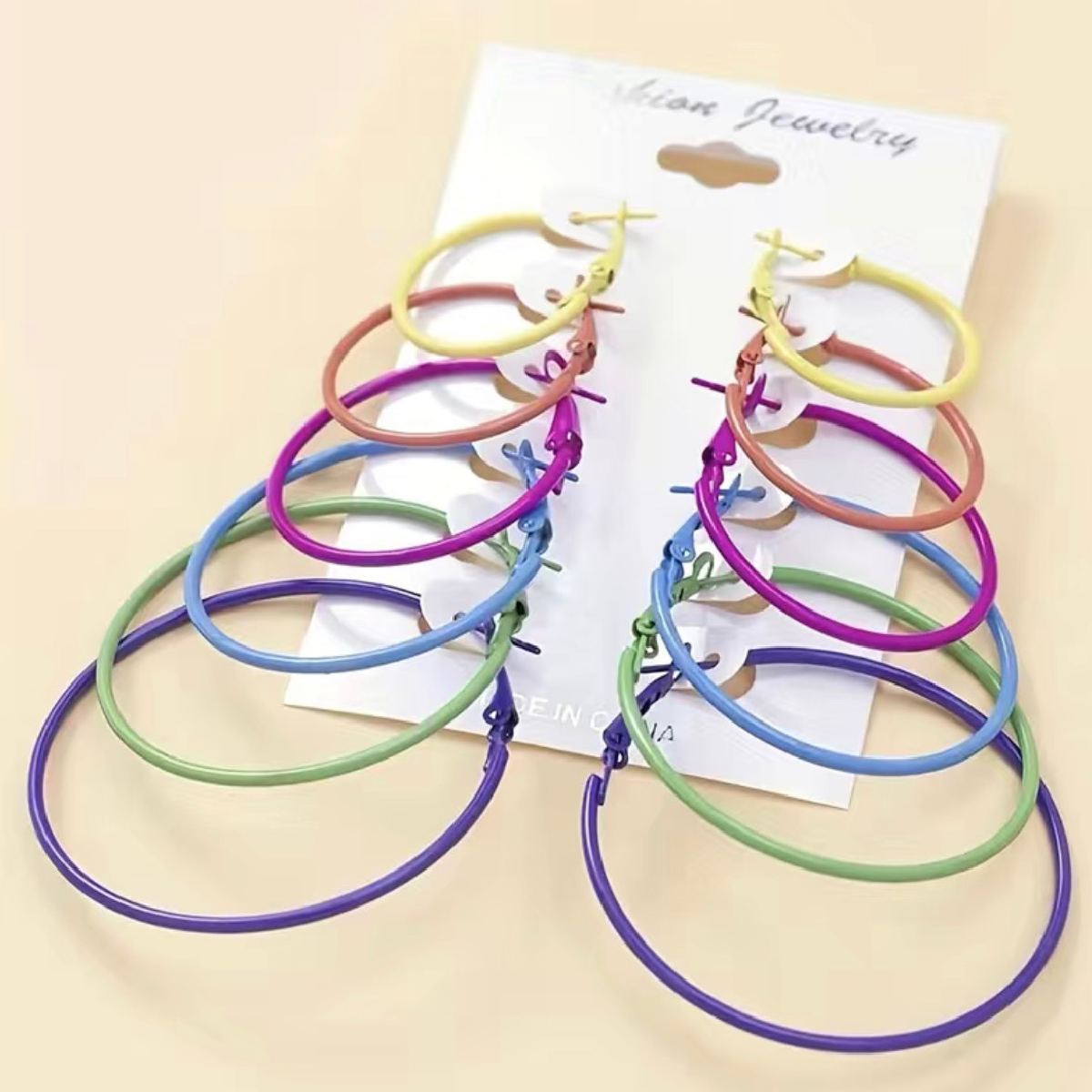 6 Pairs of Rainbow Hoop Earrings 80s 90s Punk Hinged Closure Bright Colors NEW