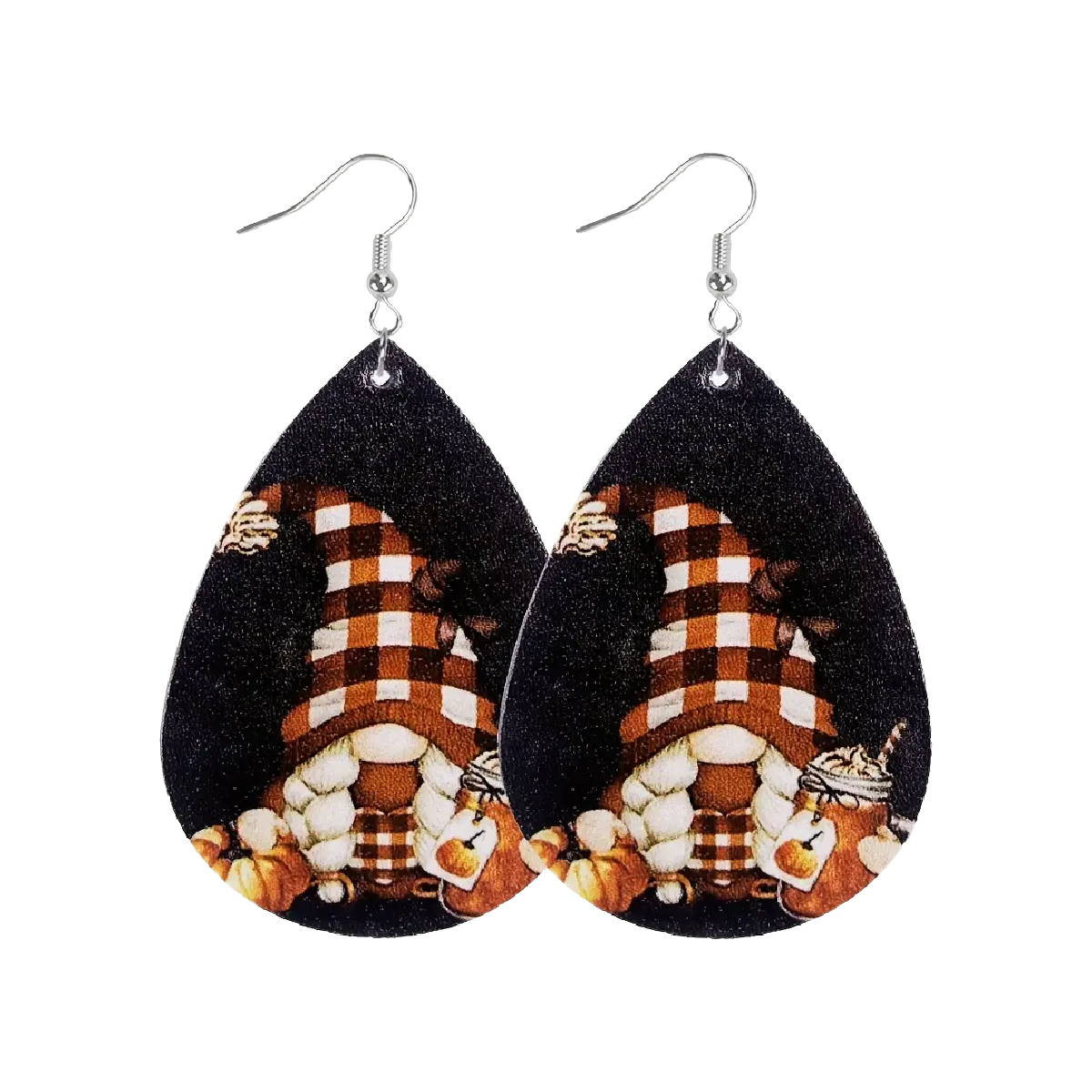 Autumn Gnome Earrings Pumpkins Gourds Fall Leaves Faux Leather Dangle NEW