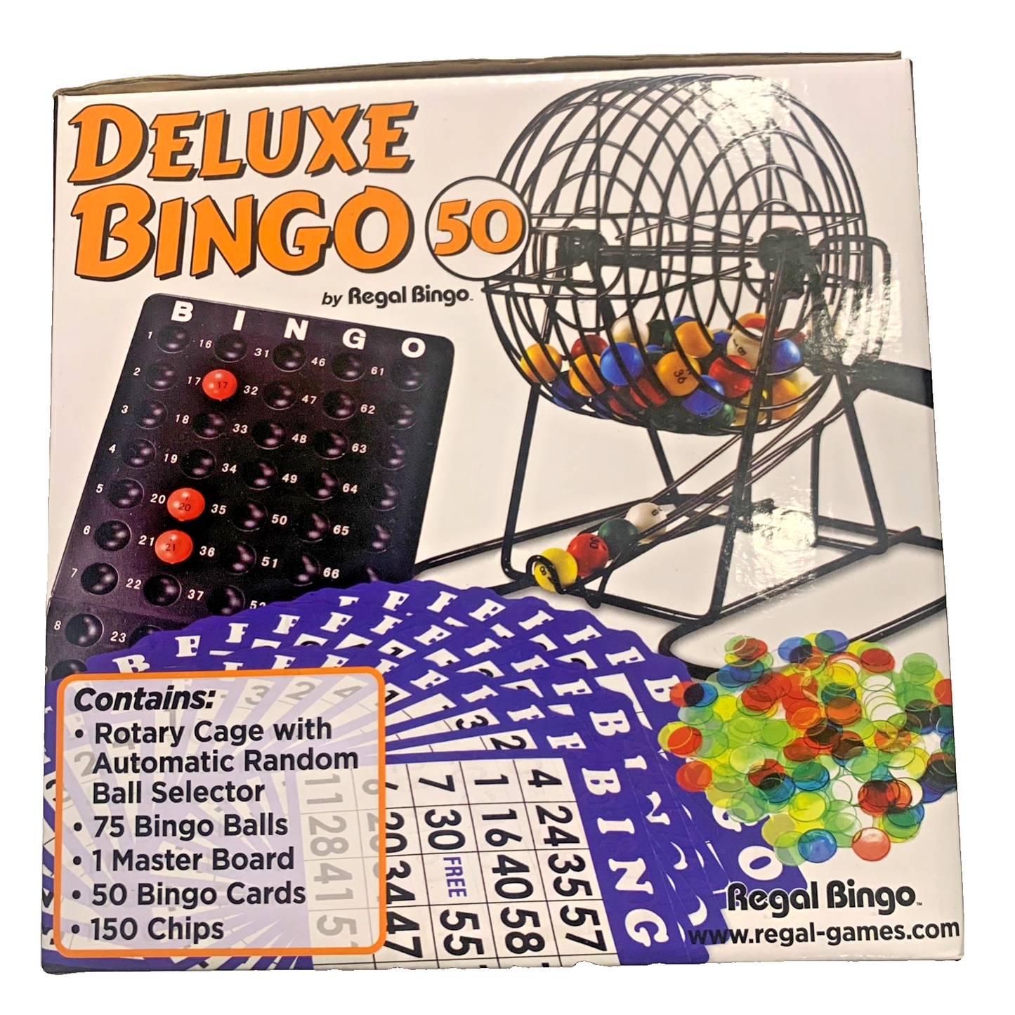 Regal Games Deluxe Bingo 50 Set with Rotary Cage, 75 Balls, 50 Cards, 150 Chips