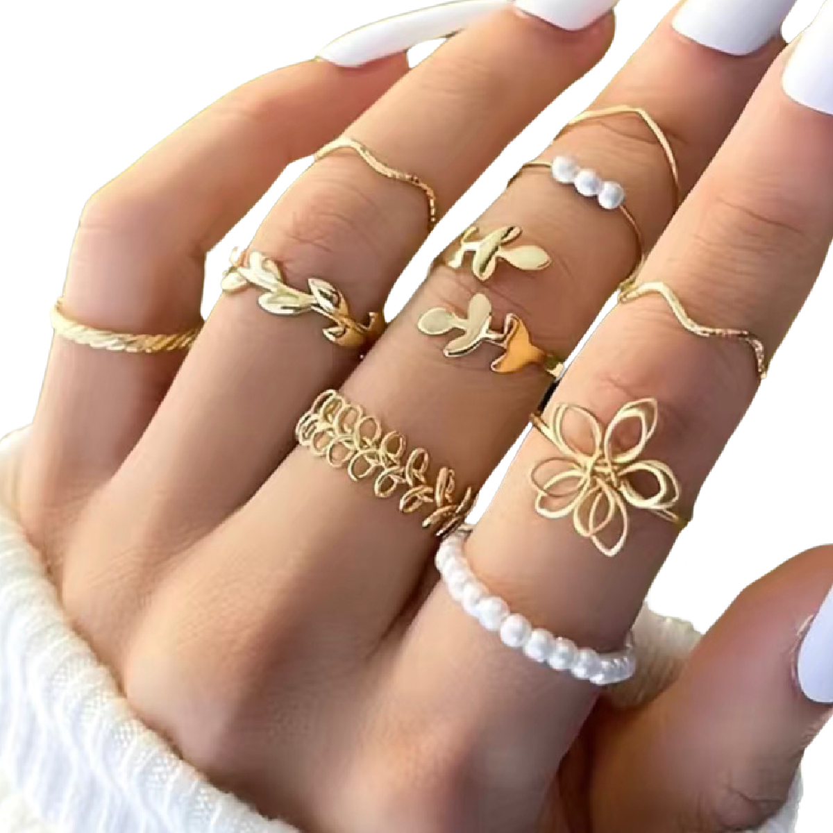 10pc Ring Set Dainty Fancy Leaf Goldtone Faux Pearl Stackable Knuckle Size 5-7