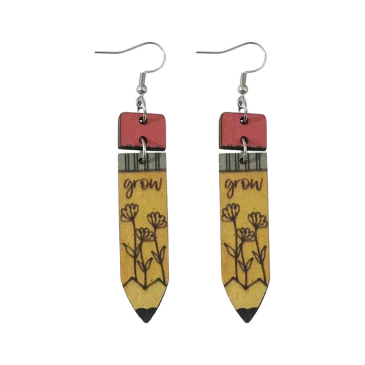 Floral Yellow Pencil Back To School Wooden Dangle Earrings Teacher Student New