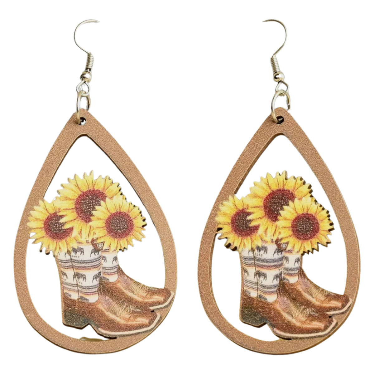 Teardrop Western Style Earrings Wooden Hollow Cowboy Boots Sunflowers Dangle New