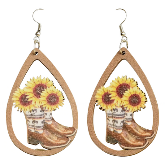 Teardrop Western Style Earrings Wooden Hollow Cowboy Boots Sunflowers Dangle New