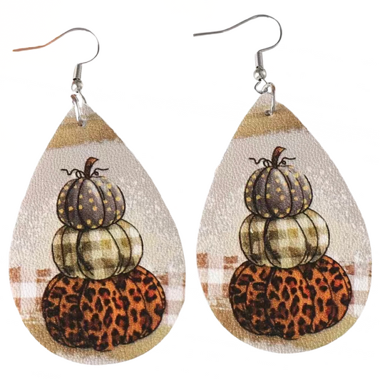 Leopard Pattern Pumpkin Earrings Faux Leather Thanksgiving Autumn Harvest NEW
