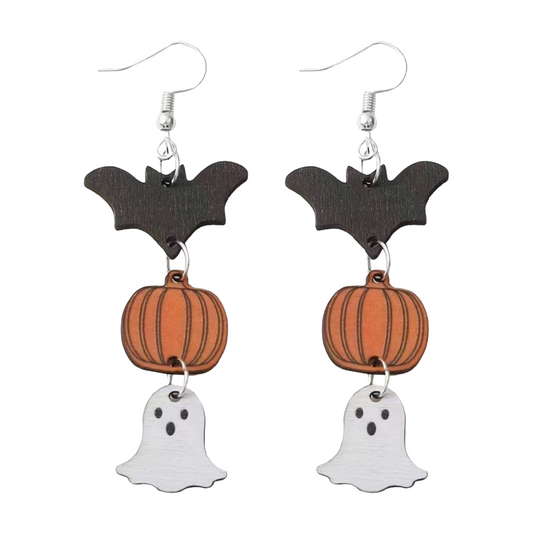 Wooden Dangle Earrings Bat Pumpkin Ghost Halloween Autumn Fall Harvest NEW