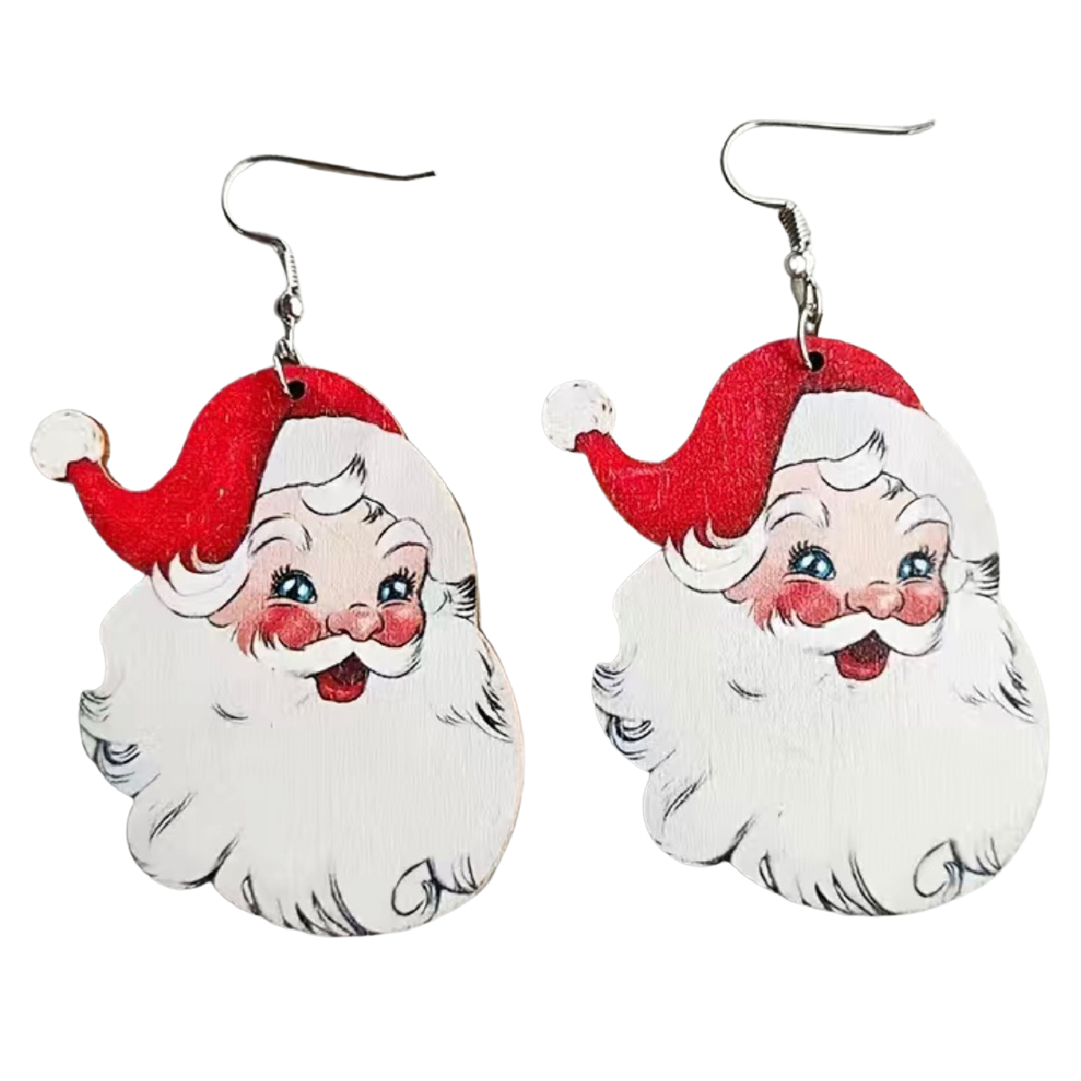 Santa Clause Wooden Earrings St. Nick White Beard Dangle Christmas Holiday NEW