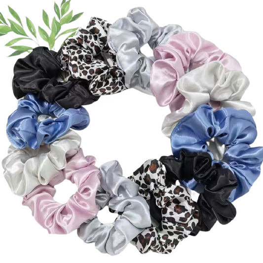 12pc Large Satin Hair Scrunchies Elegant Comfortable Lot Blue Pink Gray Ties NEW