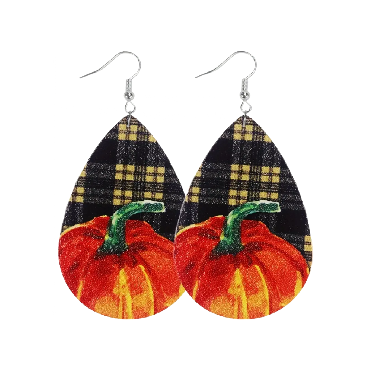 Autumn Pumpkin Earrings Plaid Gingham Fall Colors Faux Leather Dangle NEW