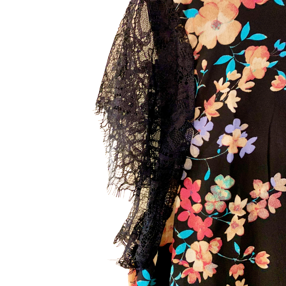 Floral Neck Tie Blouse Black Lace Sleeves Size 2X Shirt NWOT