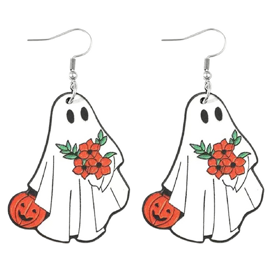 White Ghost Pumpkin Pattern Dangle Earrings Retro Wooden Halloween Jewelry NEW