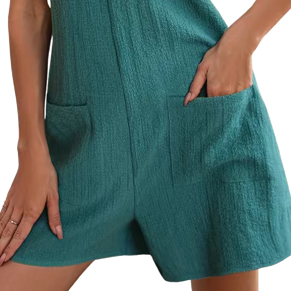 Jade Green Textured Romper Jumpsuit Women's Size 12 Pockets Adjustable Sleeves