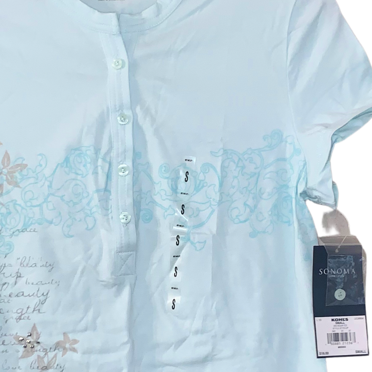 Sonoma Size Small Shirt Short Sleeve Button Neck Aqua Blue Soft Stretchy NWT
