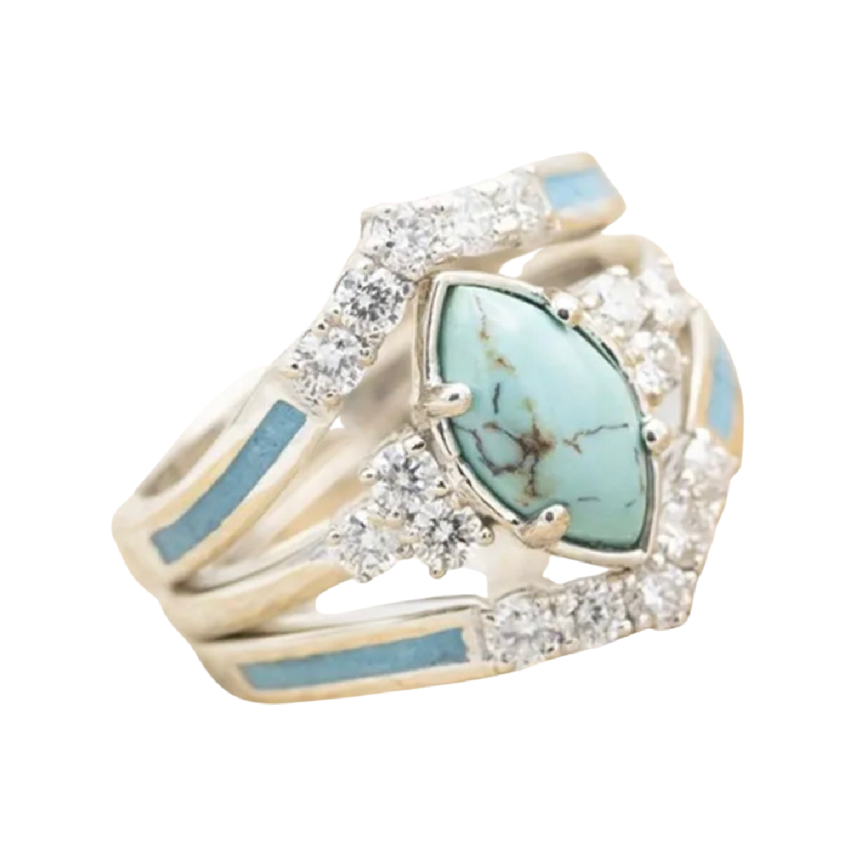Multilayer Turquoise Rings With Delicate Moissanite Silver Tone 3 Piece New Set