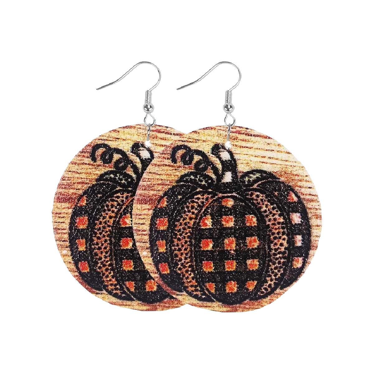 Autumn Pumpkin Earrings Plaid Gingham Fall Colors Faux Leather Dangle NEW