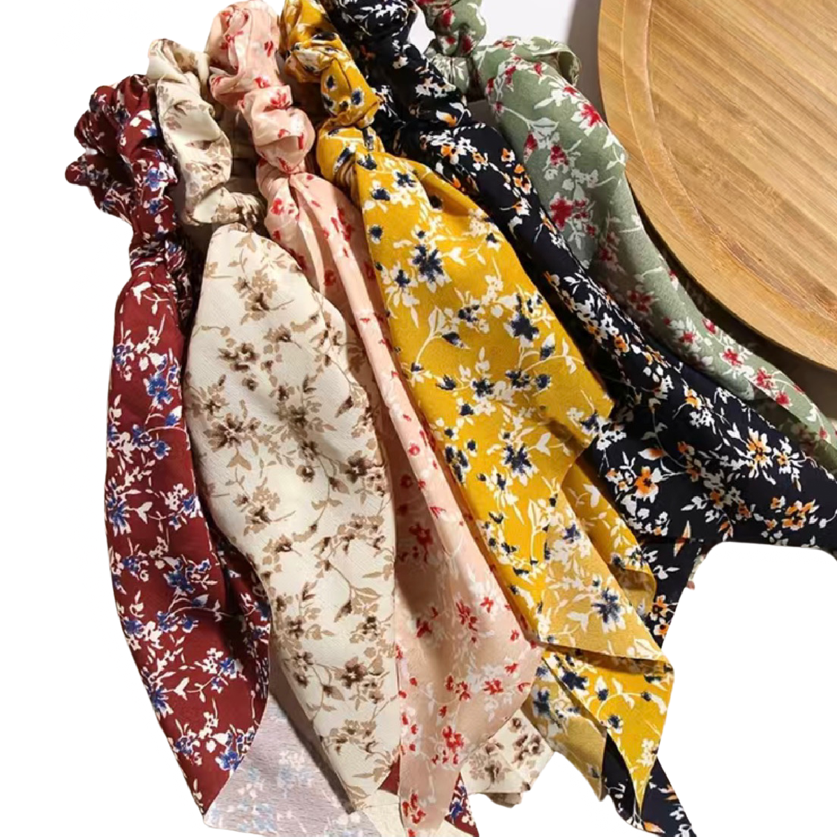 Boho Hair Floral Tie Scrunchies 6pcs Flowy Fabric 50s 60s Ponytail Bun New