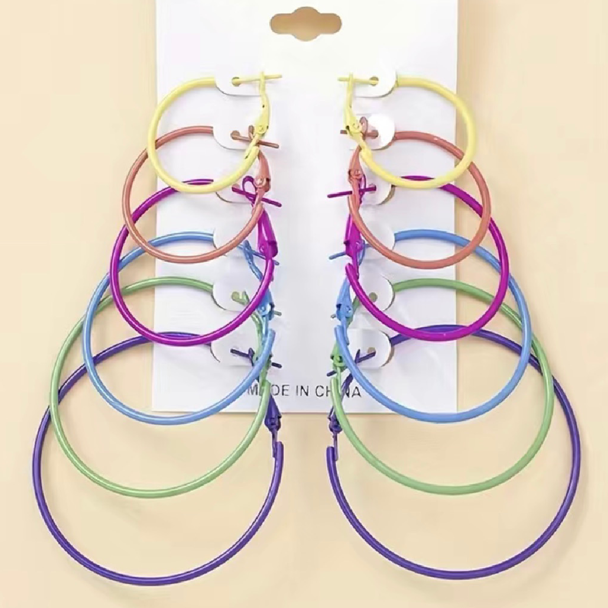 6 Pairs of Rainbow Hoop Earrings 80s 90s Punk Hinged Closure Bright Colors NEW