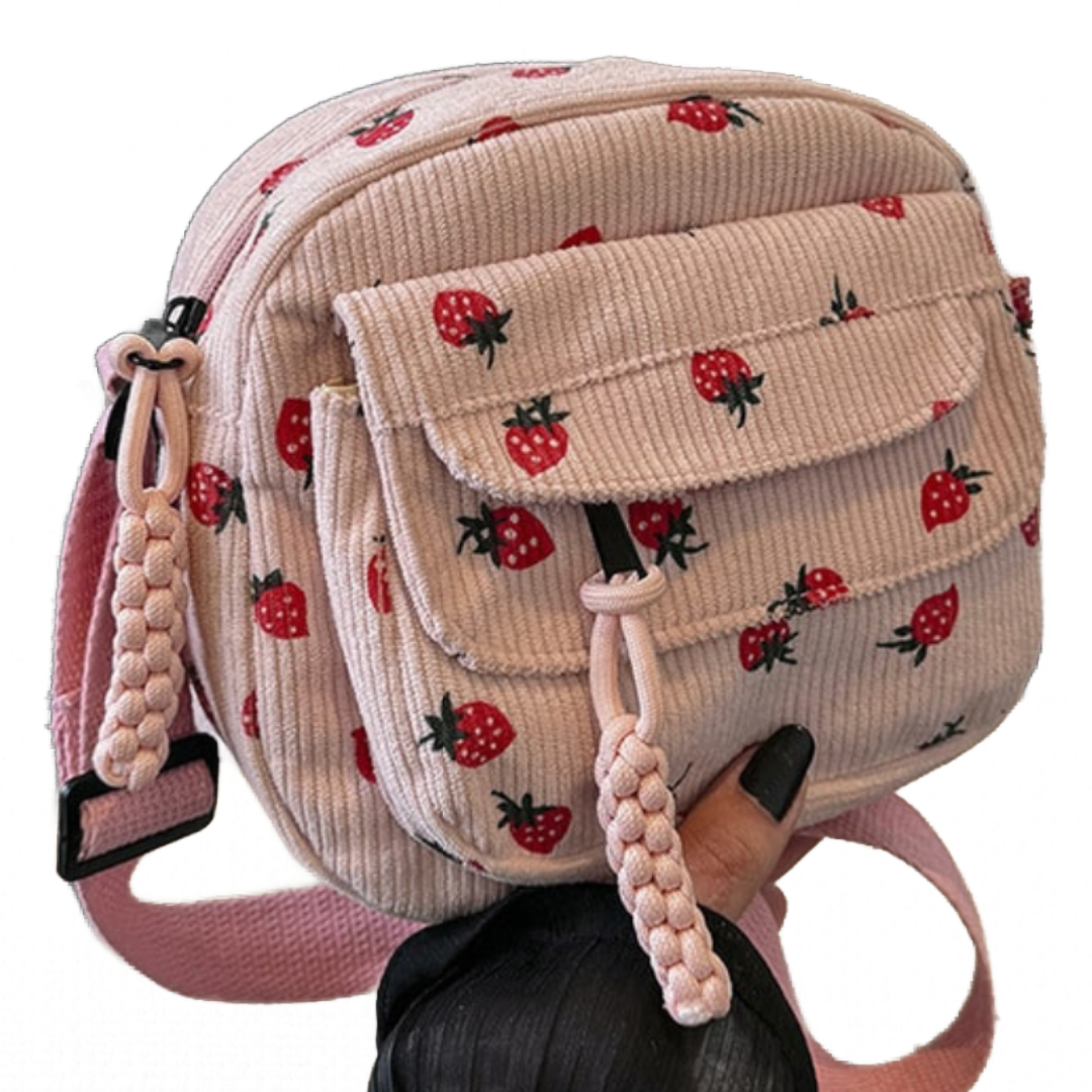 Small Corduroy Strawberry Print Shoulder Hand Bag Purse Crossbody New