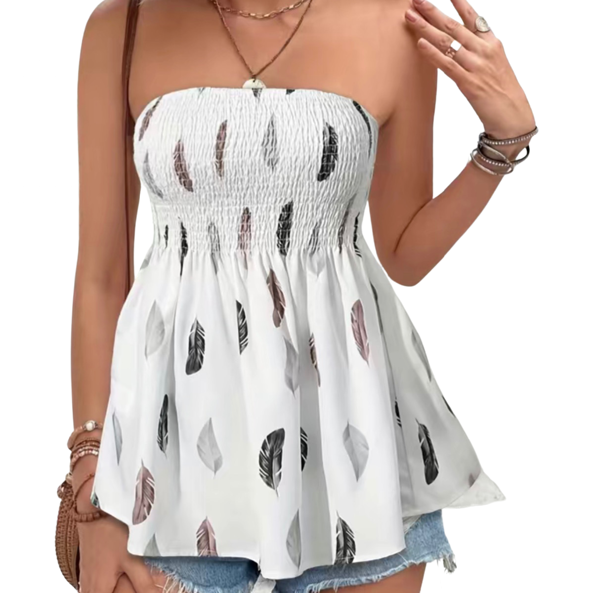 Boho Bandeau Ruched Bust Shirred Tube Top Feather Print Strapless Summer Shirt