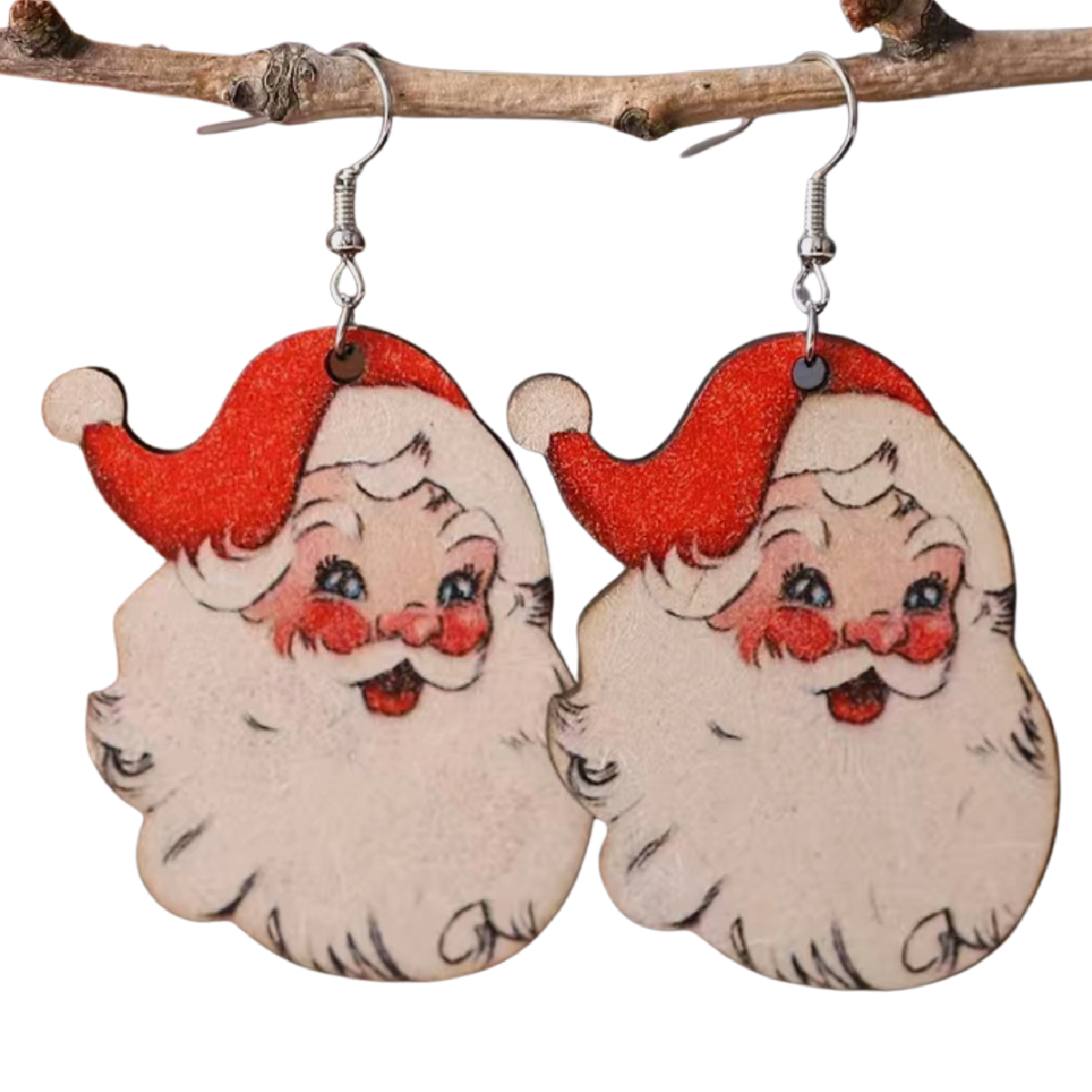 Santa Clause Wooden Earrings St. Nick White Beard Dangle Christmas Holiday NEW