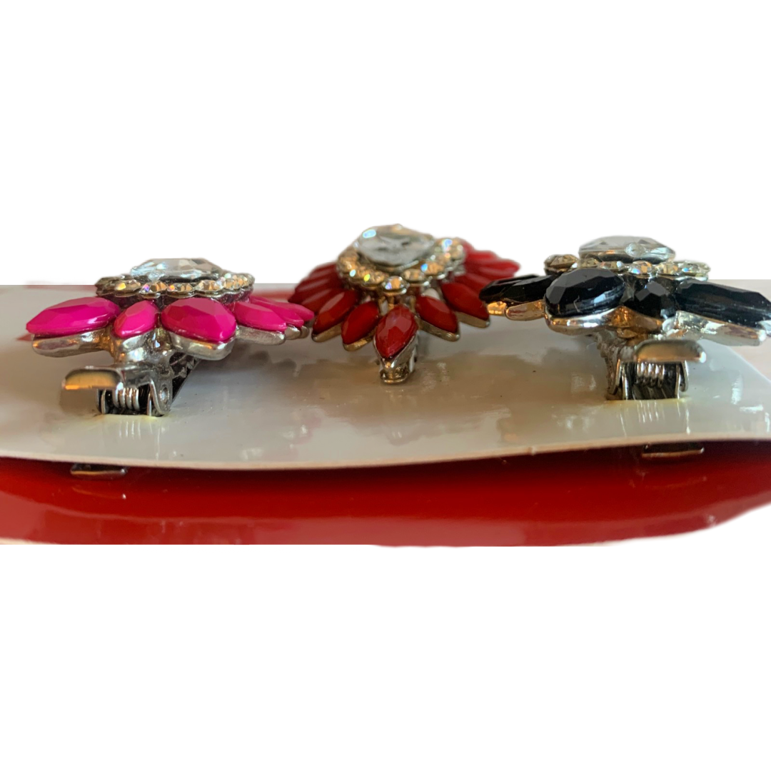 Elle Salon Hair Clips Rhinestone Pack of 3 Pink, Red, Black New