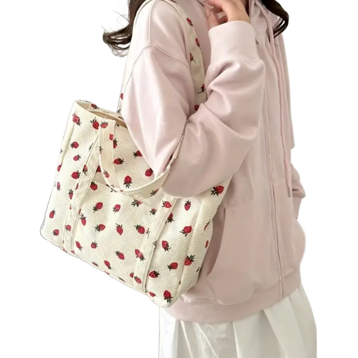 Corduroy Tote Bag Strawberry Pattern Large 13"x12" Shoulder Bag Purse New
