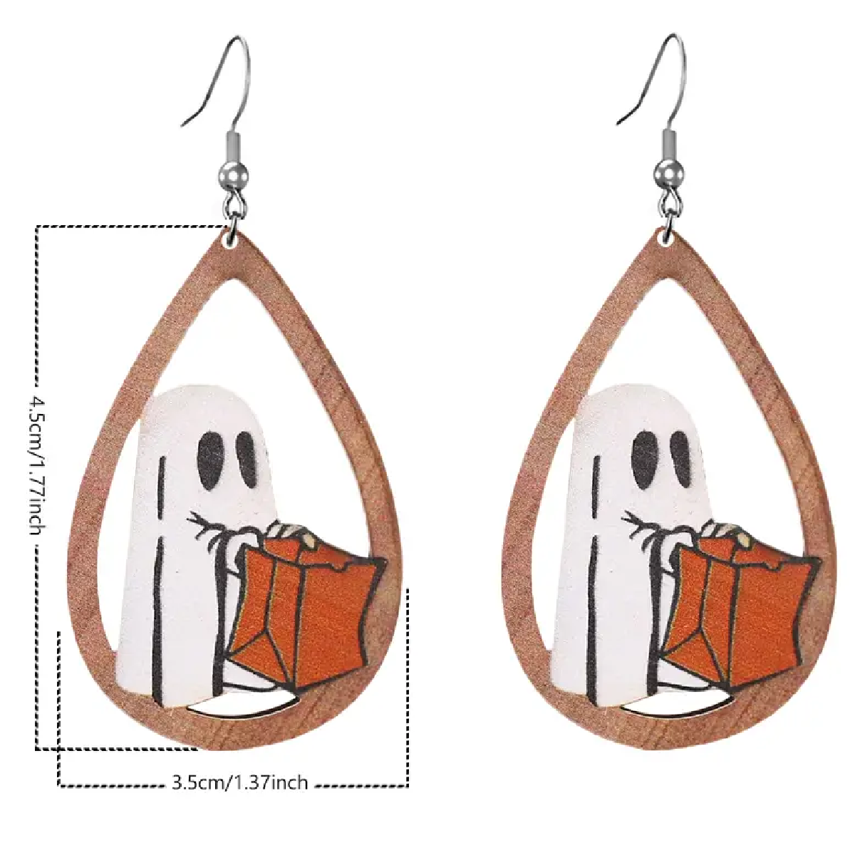 Halloween Ghost Trick-Or-Treat Earrings Teardrop Wooden Hollow Dangle NEW