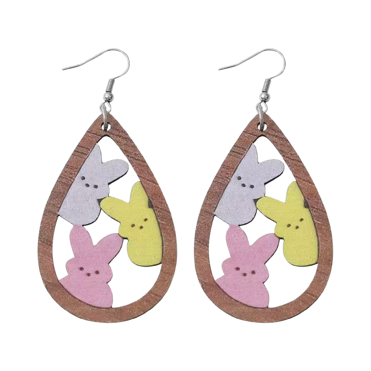 Easter Bunny Earrings Wooden Teardrop Lightweight Wire Hook Spring Dangle New