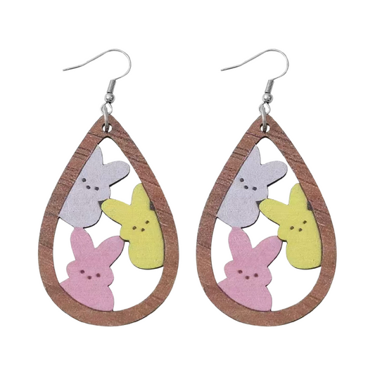 Easter Bunny Earrings Wooden Teardrop Lightweight Wire Hook Spring Dangle New