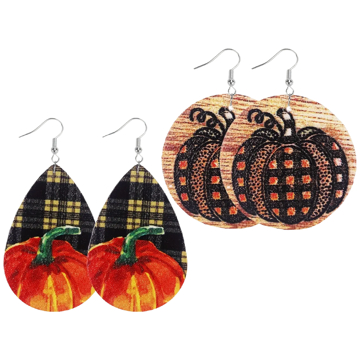 Autumn Pumpkin Earrings Plaid Gingham Fall Colors Faux Leather Dangle NEW