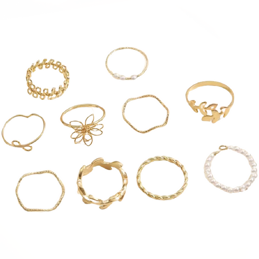 10pc Ring Set Dainty Fancy Leaf Goldtone Faux Pearl Stackable Knuckle Size 5-7